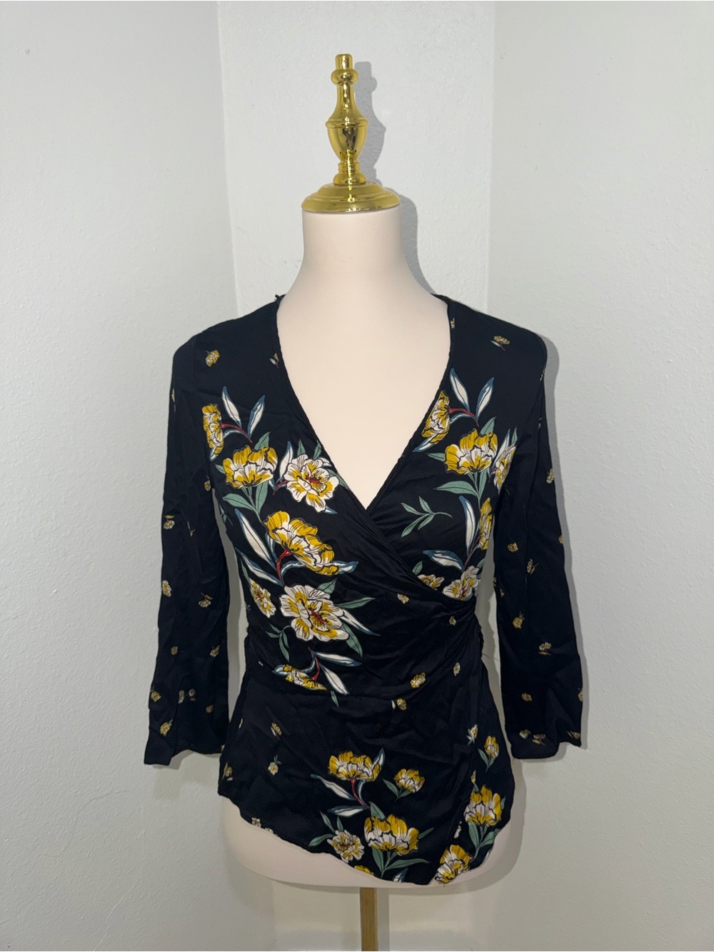 Floral Wrap-Style Black Women's Top